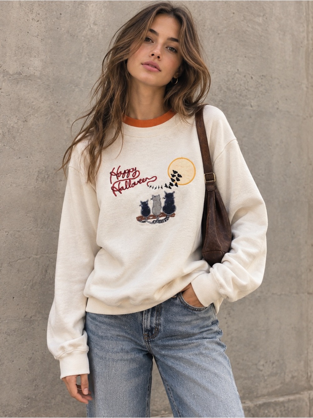 Vintage 90s Happy Halloween Grandma Sweatshirt Cats Cottagecore Large